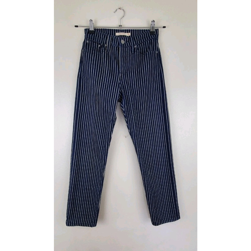 Levi’s Wedgie Straight Navy White Pinstripe Jeans High Rise 100% Cotton Size 25